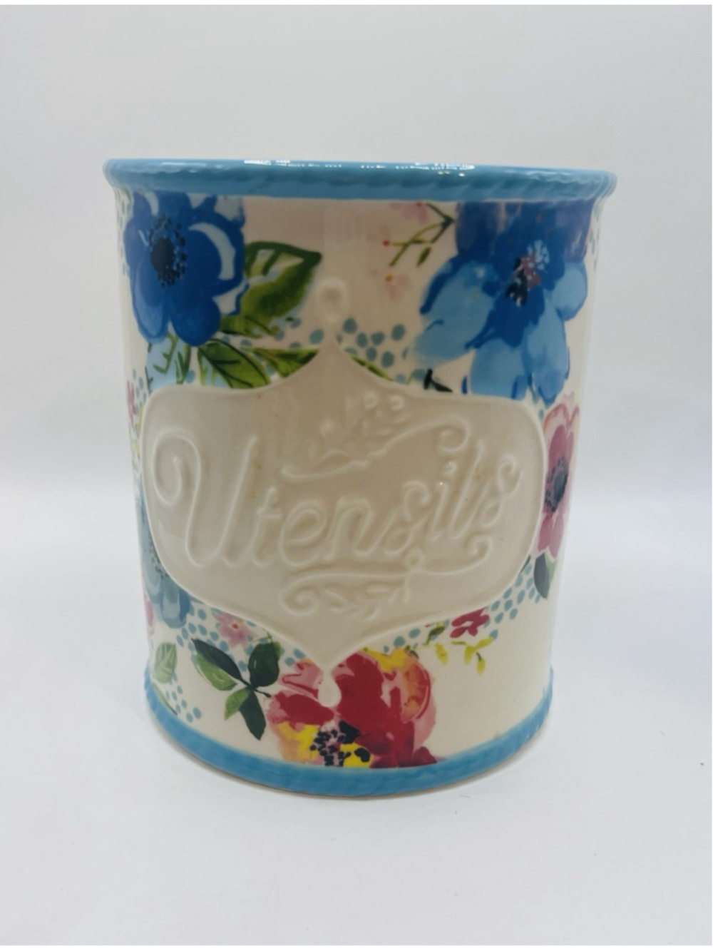 The Pioneer Woman Melody Stoneware Utensil Holder Turquoise Blue Floral